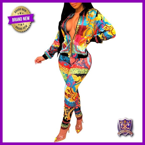 Pants - Floral Print 2-Piece Legging Set, Long Sleeve Zipper Jacket, High Waist Bodycon
